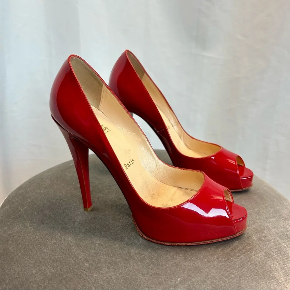 Christian Louboutin Red Patent Leather Hyper Prive Peep Toe Platform Pumps Sz 39